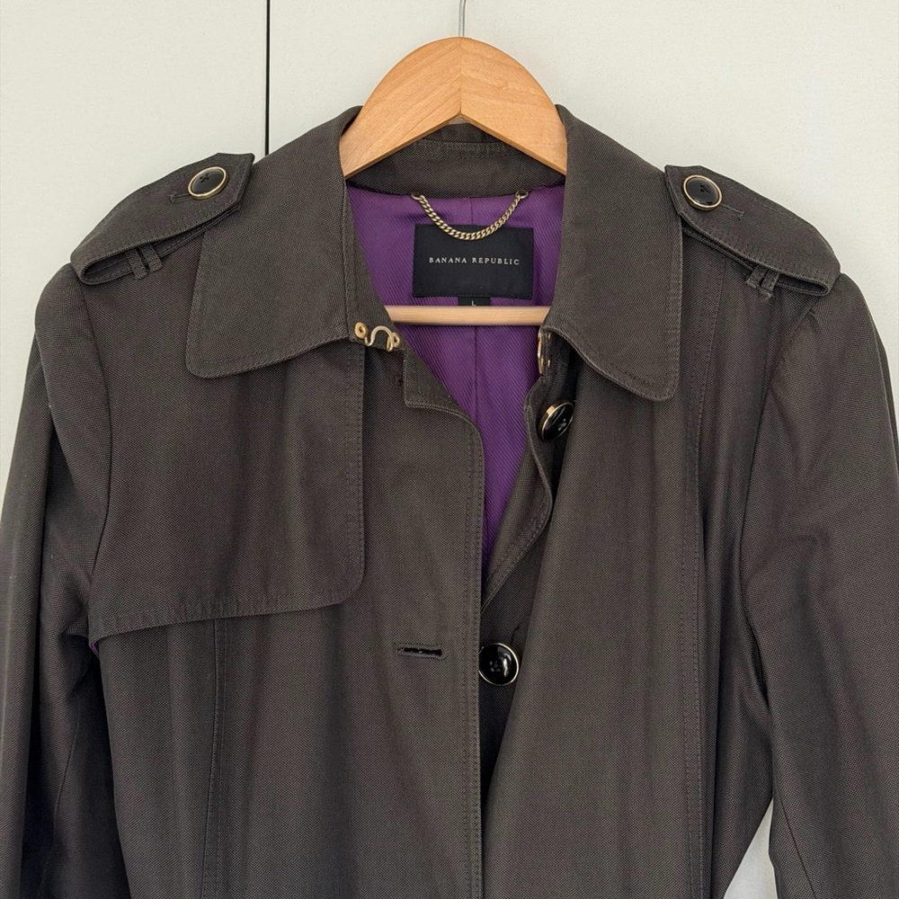 Banana Republic Charcoal Trench Coat with Purple Lining Large - Picture 1 of 3